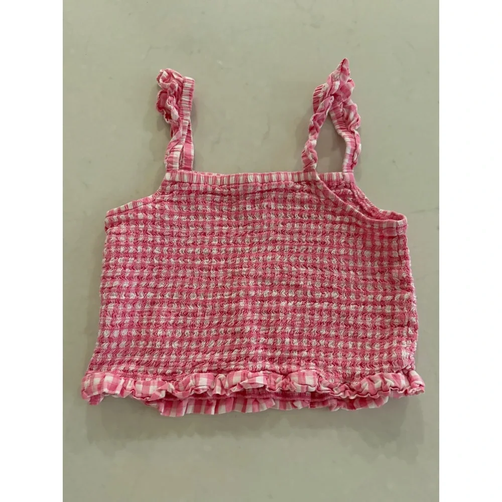 Old Navy Girls Pink Gingham Smocked Ruffle Cami Tank Top XL 14-16